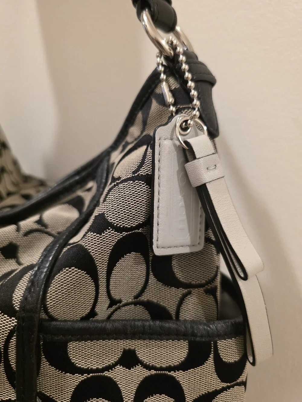 Coach Park Signature Hobo Bag Canvas Monogram With Leather Detailing Black White